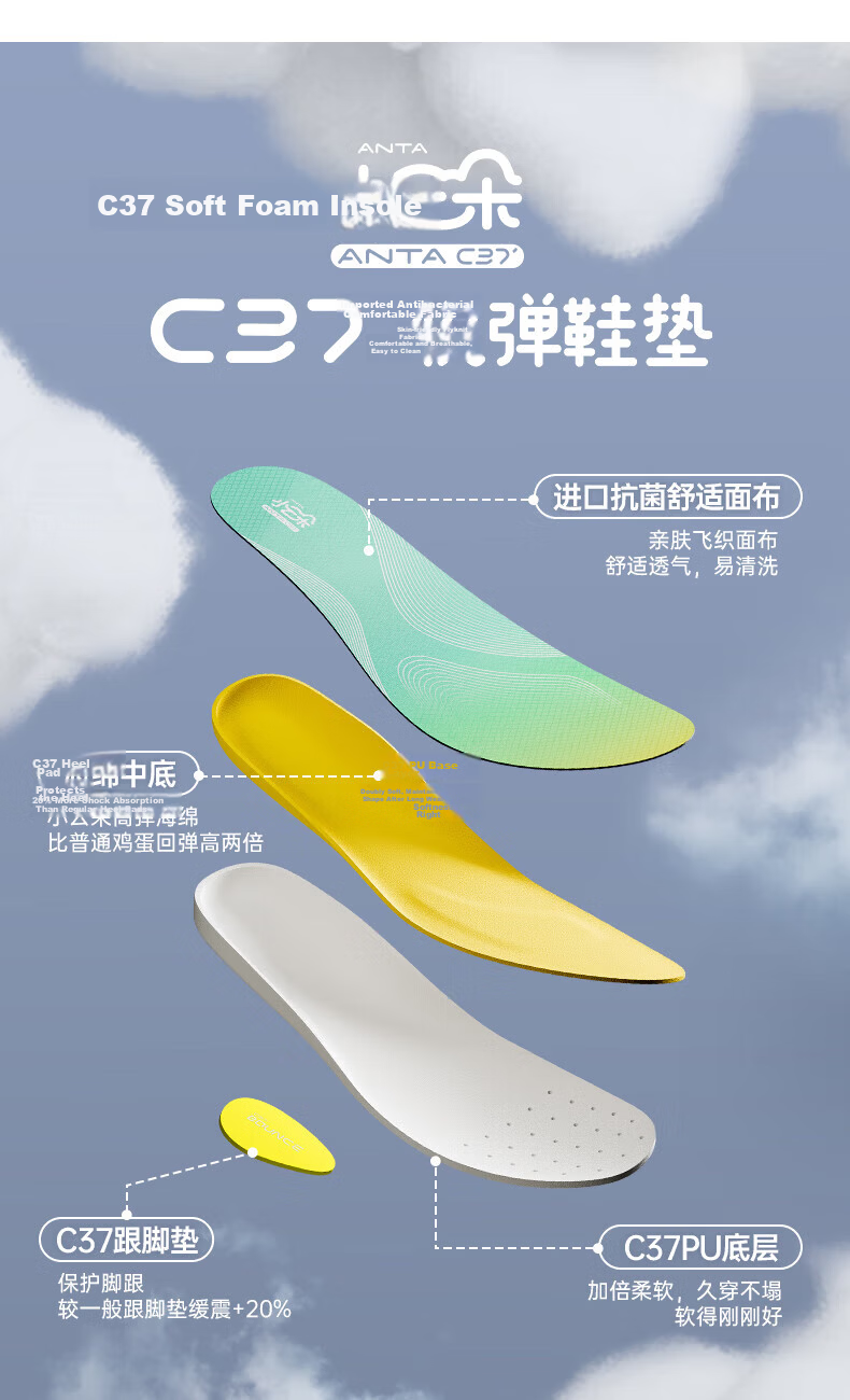 ANTA Xiao Yunduo Insoles for Men's Sports Shoes, Shock-Absorbing, Anti-Twist, Arch Support, Comfortable, Breathable for Military Training 6