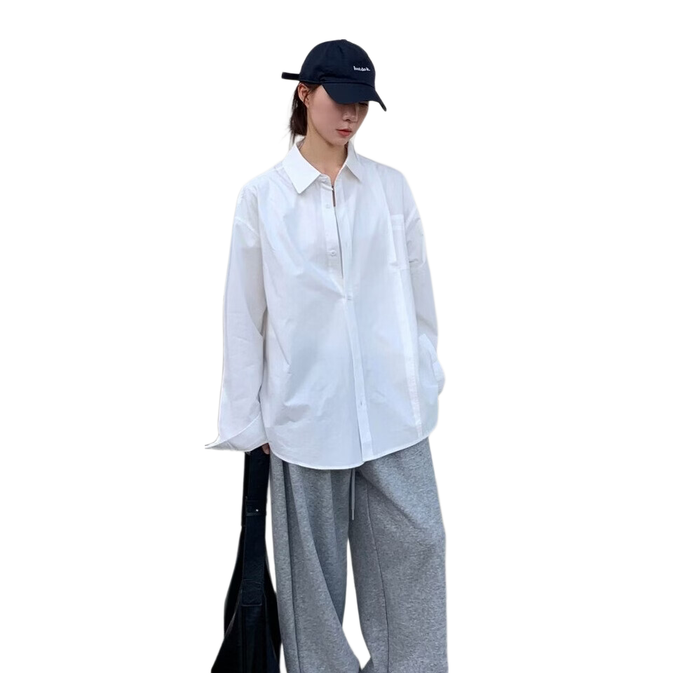 ICH MODE "Chic Subtlety" Fashion Design Relaxed Fit Long Sleeve Shirt Thin Jacket Women White L