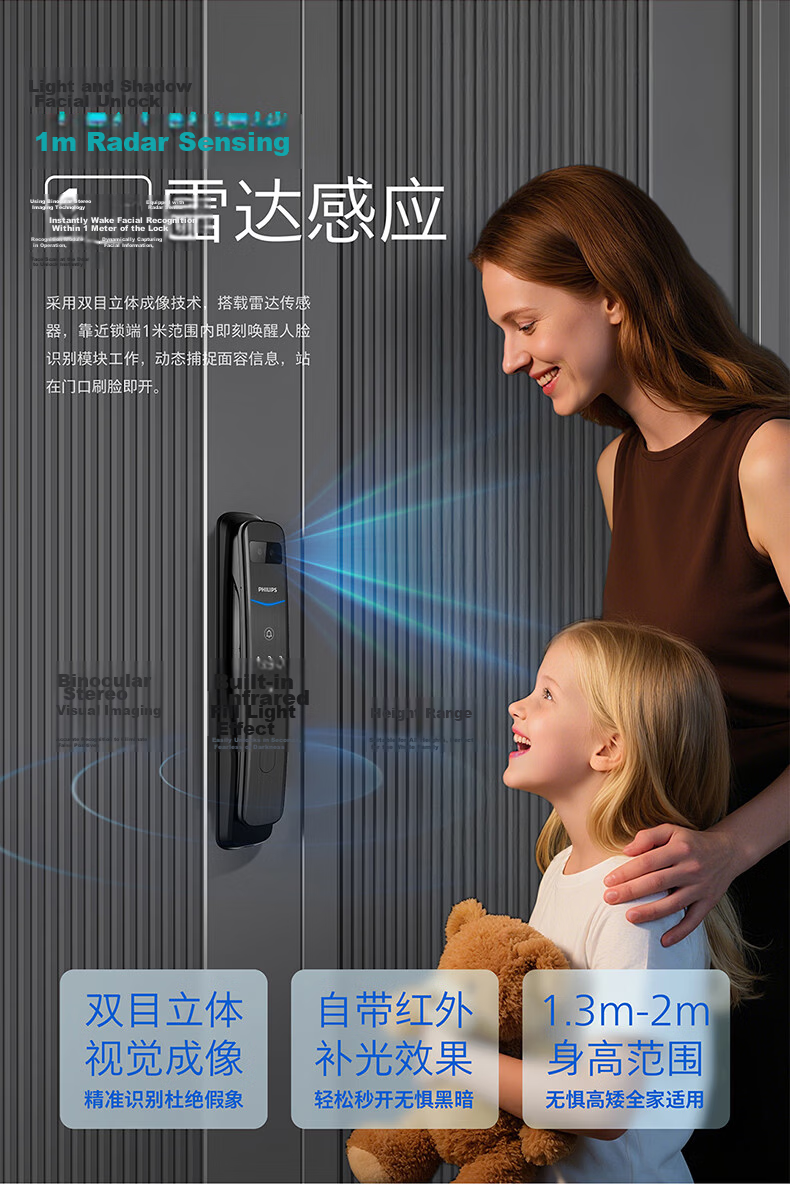 PHILIPS Blue Shield Upgraded Smart Door Lock with Facial Recognition, Peephole, Large Screen, Fingerprint Lock, Electronic Lock 702FVP-P 3