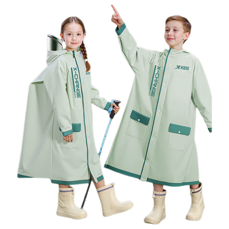 Xtep Kids Raincoat for Elementary School Boys and Girls, Long Full-Body Raincoat with Backpack Cover, Green, 4XL