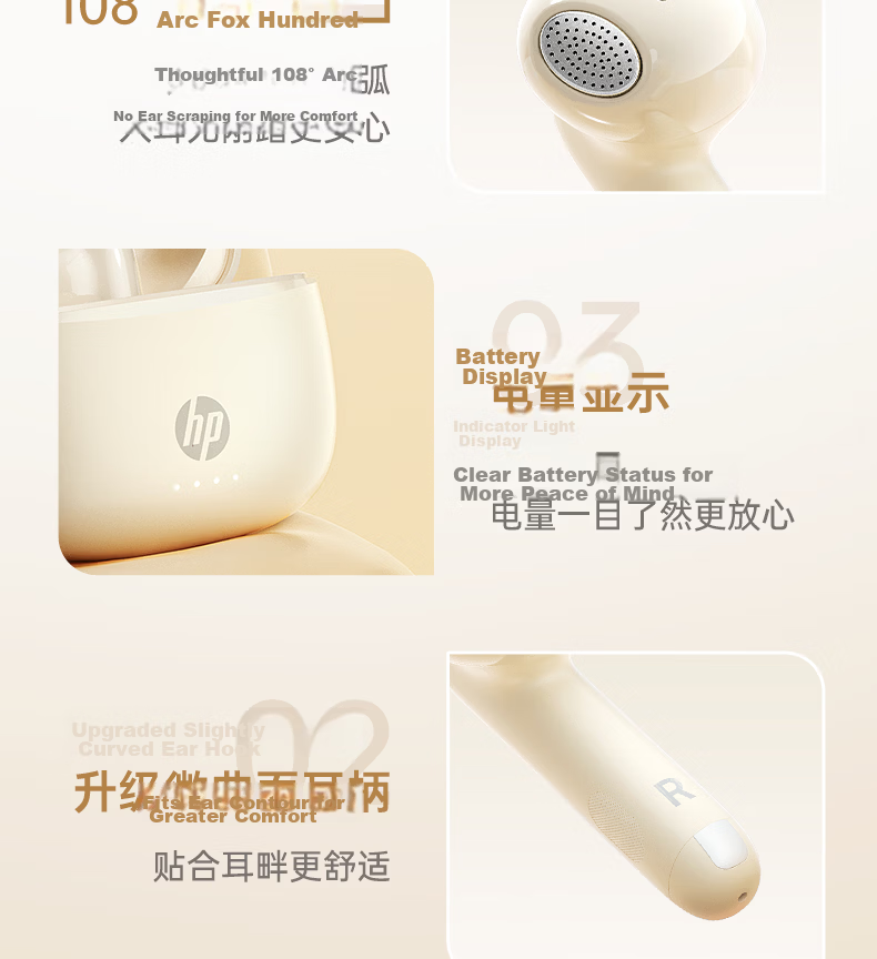 HP 2026 Latest True Wireless Bluetooth Earbuds Long Battery Life Semi-In-Ear Noise Cancelling Wireless Sports Running Music Gaming Compatible with Apple Huawei Xiaomi 20