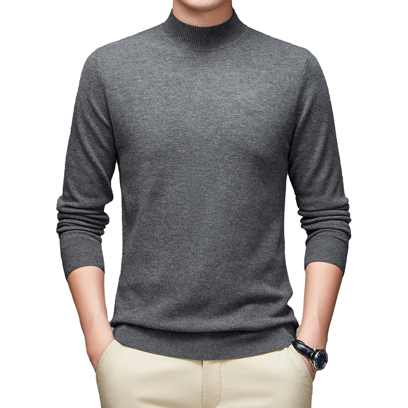 Hengyuanxiang Pure Wool Men's Autumn Winter Thin Half Turtleneck Knit Sweater Top Dark Red 175