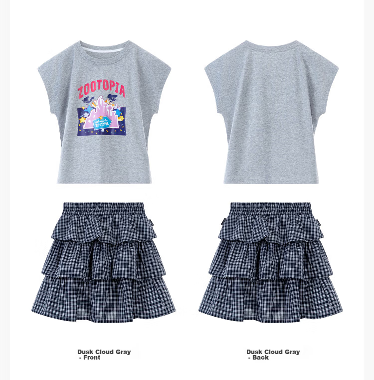 Disney Girls' Outfit 2026 Summer New Plaid Short Sleeve Dress Two-Piece Set Girls' Skirt Set 160 11