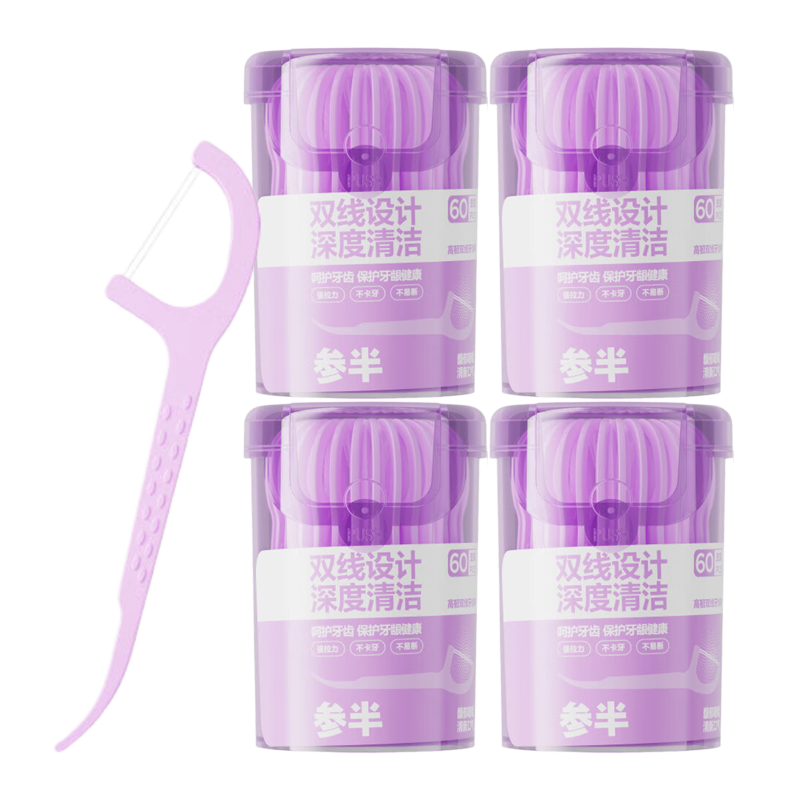 Canhalf High-Toughness Dual-Thread Dental Floss Picks Grape Flavor High-Contact Deep Cleaning Dental Floss 60 Sticks * 4 Boxes