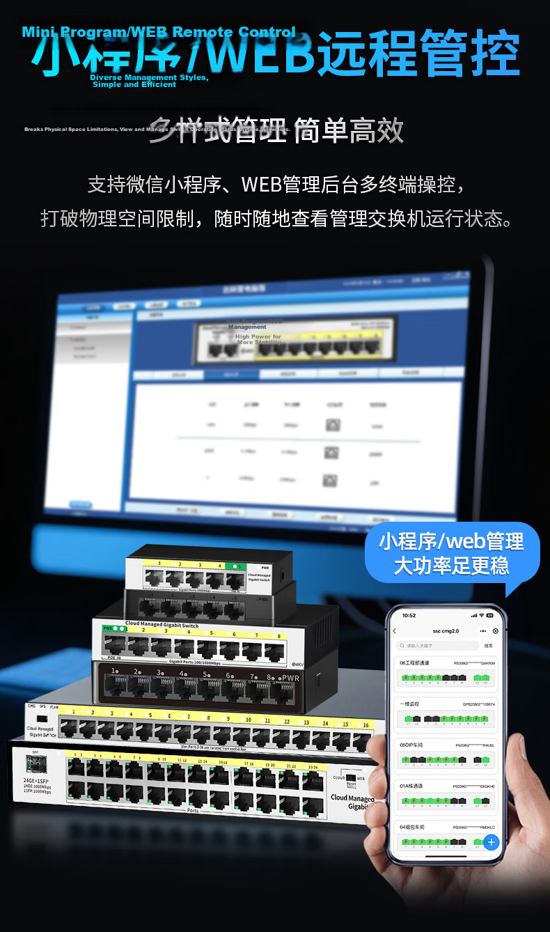 Huoyi 16-Port Gigabit Switch, Enterprise-Grade Cloud-Managed Monitoring Network Cable Splitter, Metal Body 5