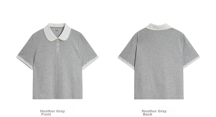 INMAN French Style Doll Collar Lace Shoulder Short Sleeve Polo Shirt Spring 2026 New Women's Top Light Gray L 17