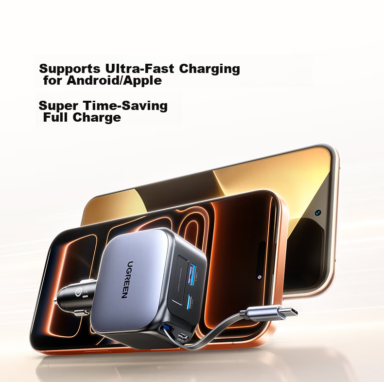 UGREEN Car Charger Super Fast Charging Cigarette Lighter Adapter 145W with Retractable Data Cable Laptop Charging 45W/100W PPS Compatible with Apple 17 Huawei Xiaomi 18
