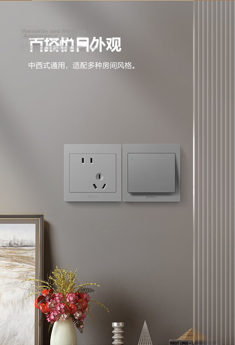 BULL Switch Socket, G31 Series Six-Hole 10A+16A Socket, 86-Type Socket Panel G31Z234, Space Gray 2