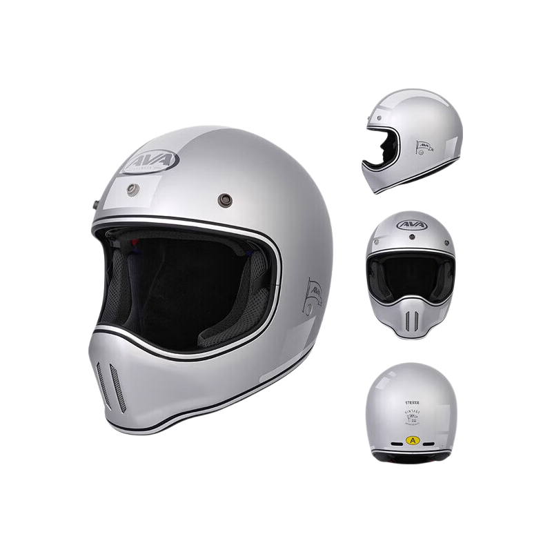 AVA Ranger Motorcycle Retro Full Face Helmet Cruiser Small Shell Off-Road Helmet Unisex Lake Silver + Riding Gift Pack L