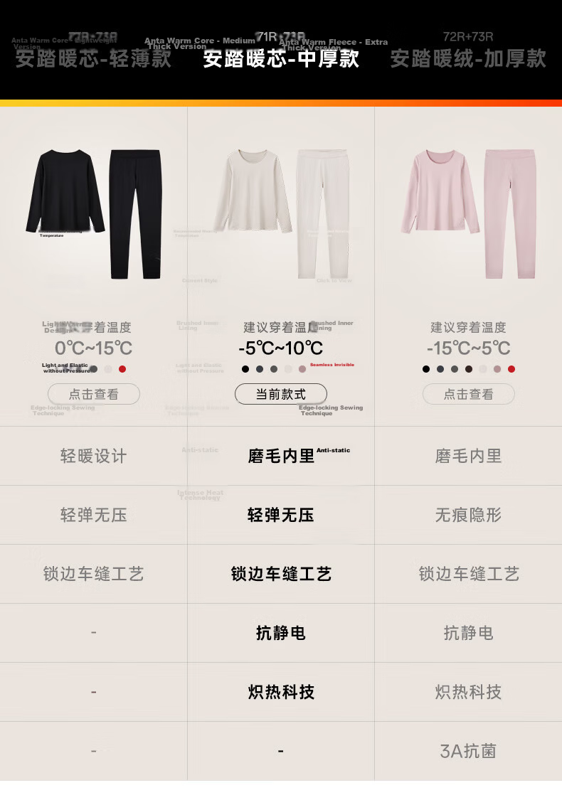 ANTA Warm Core Men's Anti-Static Fleece Lined Thermal Underwear Set Crew Neck Top and Bottom Base Layer 6