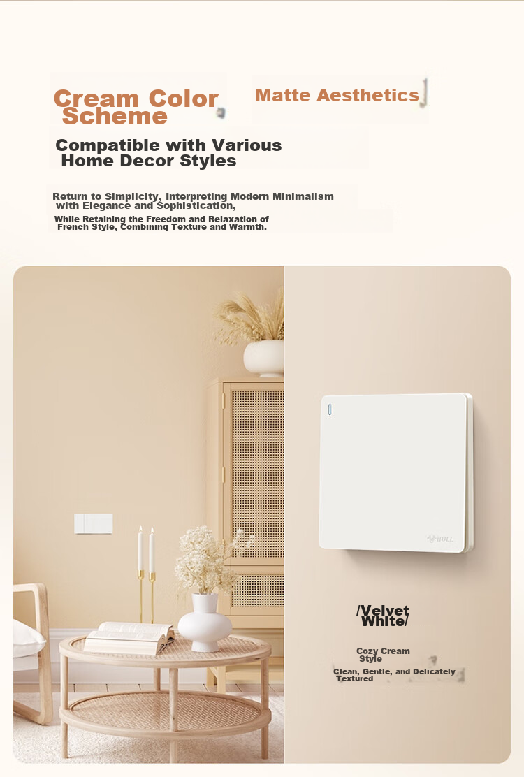 BULL Switch Socket G12 Skin-feel Matte Cream Style 10A Angled Five-hole Socket Panel G12Z223AS Milky White 8