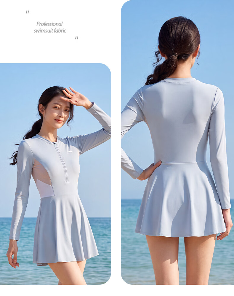 ANTA Women's Long Sleeve One-Piece Skirted Conservative Quick-Dry Sun Protection Slimming Swimwear Gray M 17