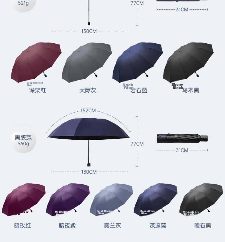 Paradise Umbrella Double Folding Umbrella 10-Rib Large Reinforced Black Coating Sunshade Obsidian Black 16