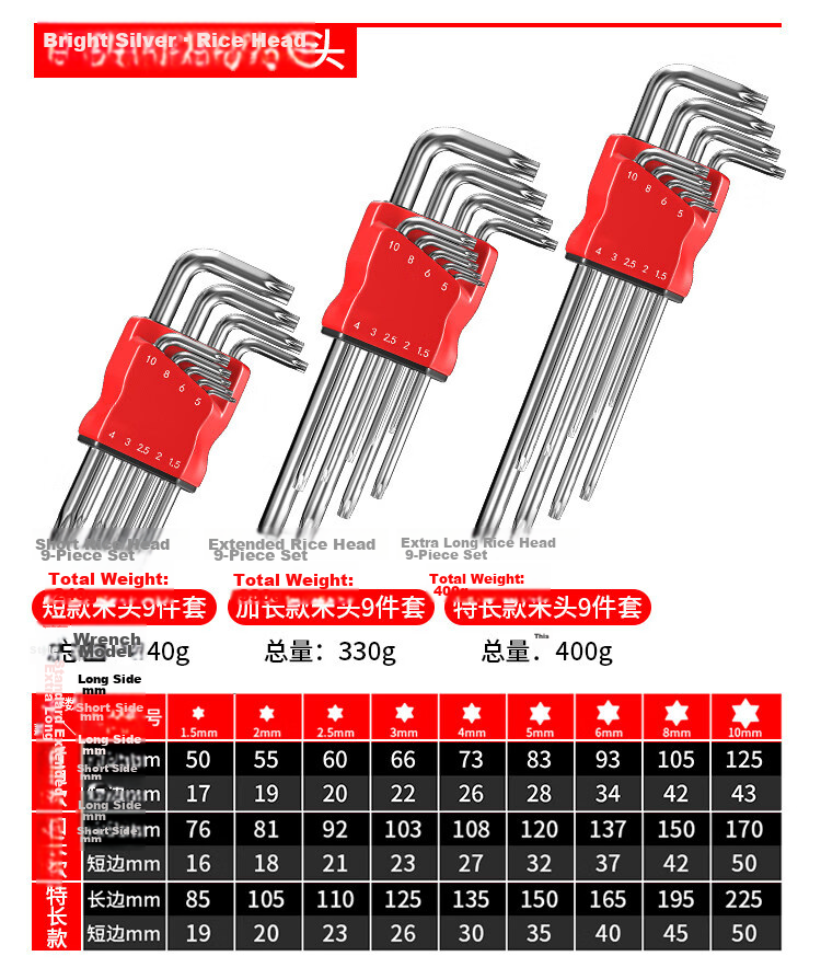 Oudis Hex Key Wrench Set Household Hexagon Star Screwdriver Universal Tool Set Standard 9-Piece Kit 20