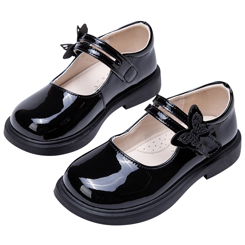 Fulomi Girls' Leather Shoes Spring Autumn Convenient Velcro Stylish Princess Dress Performance Shoes Shadow Black Size 29