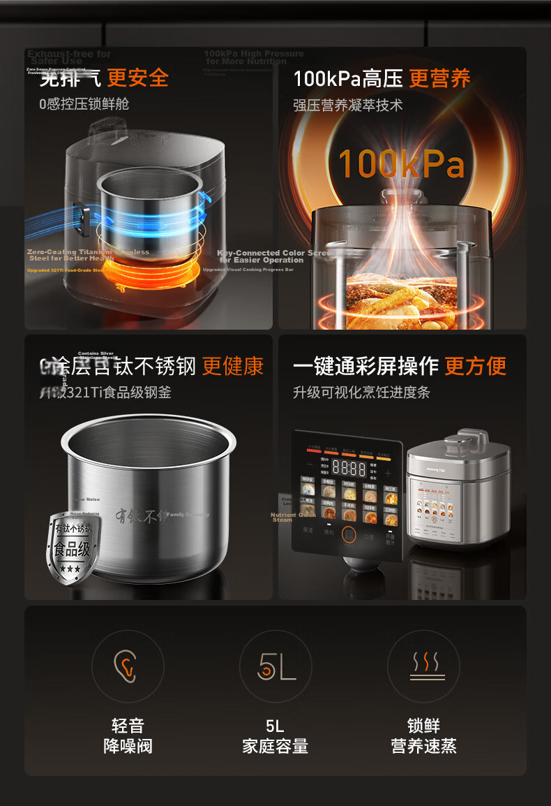 Joyoung Airless Pressure Cooker Series, 5L Dual Inner Pot, 100kPa Intelligent Reservation, Home Use, Titanium-Coated Inner Pot, 50Z150 Electric Rice Cooker, High-Pressure Cooker for 4-6 People 4