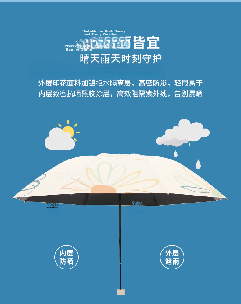 Paradise Umbrella UV Protection Three-Fold Black Coated Portable Folding Sun and Rain Umbrella Sunshade Cheese Color 1
