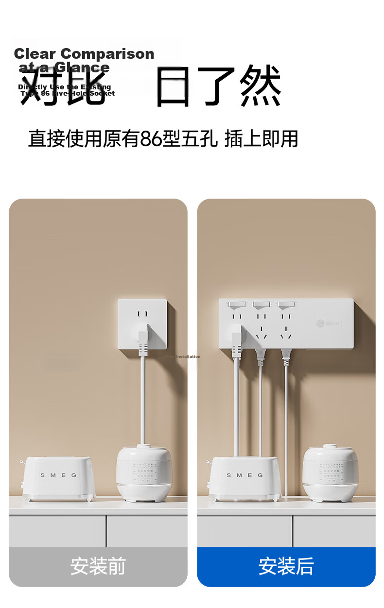 International Electrician 86-Type Surface-Mounted Multi-Port Controlled Extension Socket Panel with Cable Power Strip for Kitchen and Sideboard 5