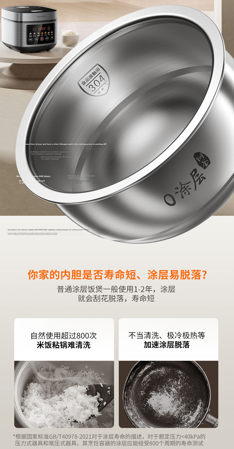 Joyoung ZMD Safe Series 0-Coating Rice Cooker 304 Stainless Steel Inner Pot Healthy Low-Sugar Rice Multifunctional Smart Reservation Air-Cooled Temperature Control 4L Household Rice Cooker 40N11 1