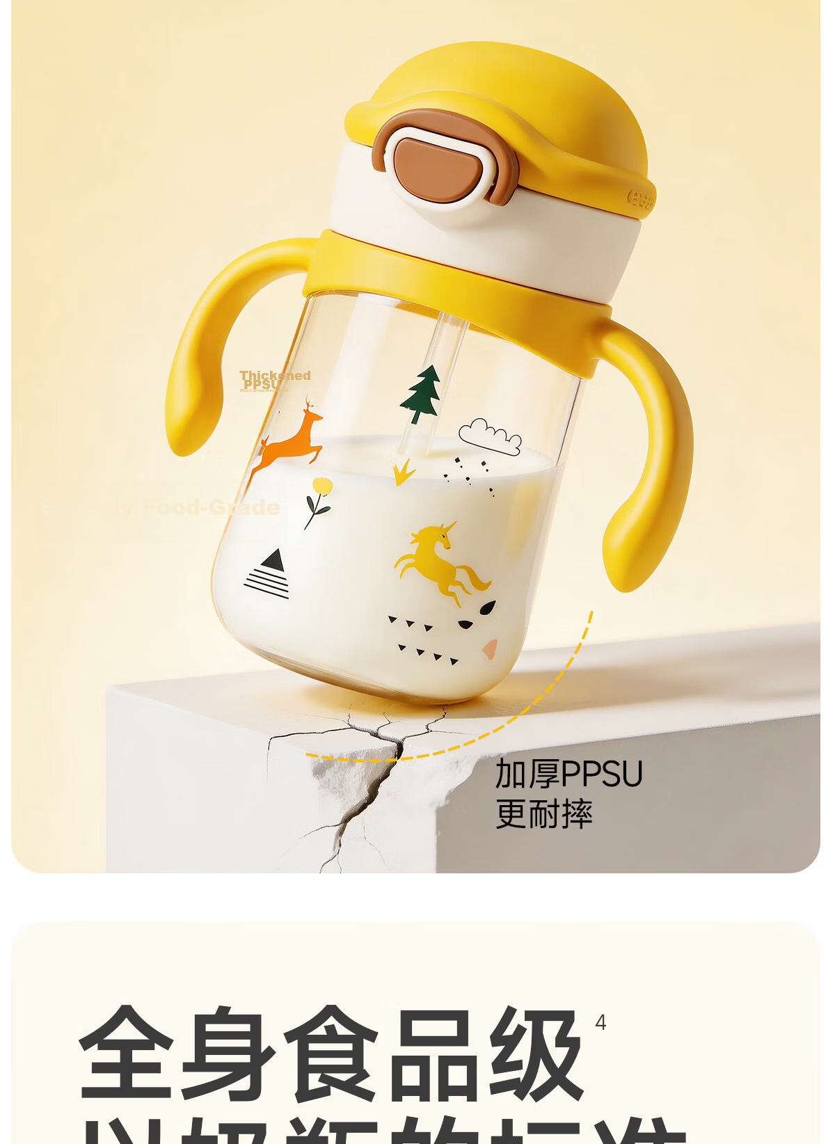 NEVS Baby Straw Cup Infant Training Cup for 6+ Months Children PPSU Water Bottle with Handle 350ml - Mongge Yellow 20