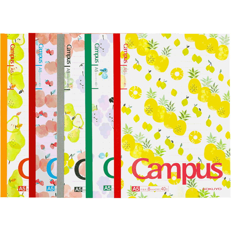 KOKUYO Campus Wirebound Notebook, Cool Fruit Cover, A5/40 Sheets, 5 Notebooks with Random Covers, WCN-CNB3444