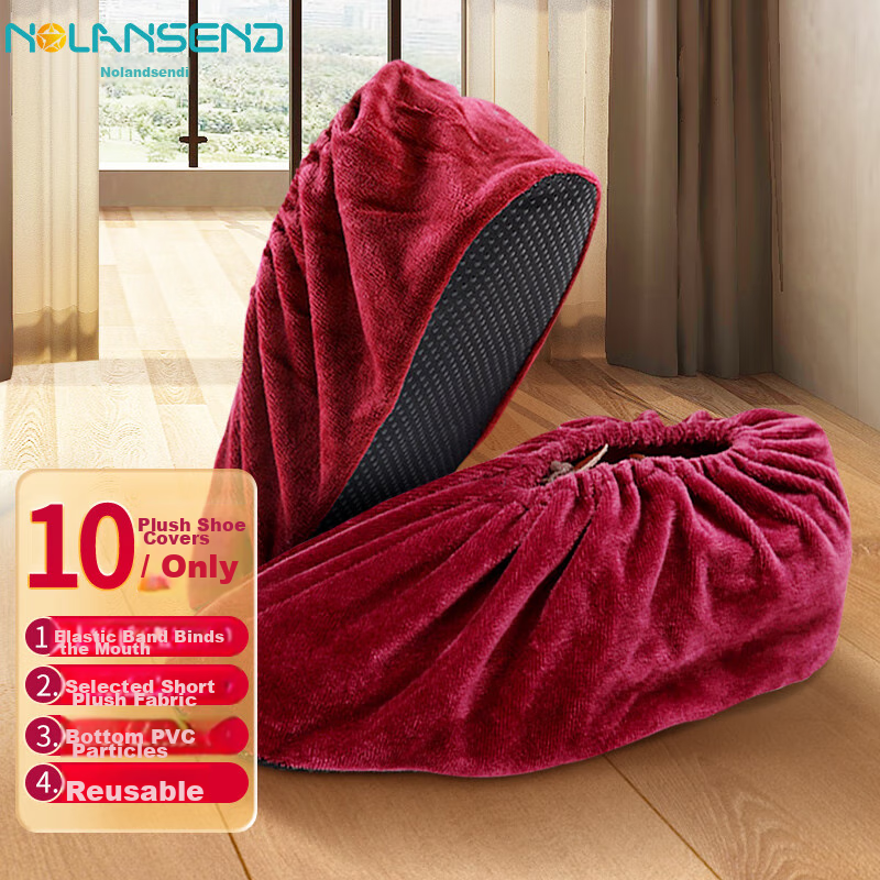 NOLANSEND Velvet Shoe Covers for Home Use, Thickened Winter Non-Slip Wear-Resistant Machine Room Indoor Student Adult Slip-On Shoe Covers, Red, 5 Pairs