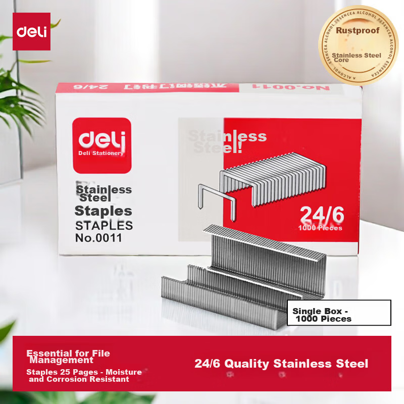 Deli 24/6 Heavy-Duty Stainless Steel Staples 1000pcs/Box Single Box Important Document Binding Rust-Resistant Moisture-Proof Fits Up to 25 Pages 0011