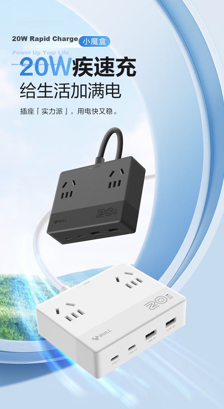 BULL 20W GaN Apple Fast Charging Mini Power Strip Socket/USB Power Strip/Extension Board/Power Strip Desktop Charging Station 2A2C+3-Control 1.5m Black 1