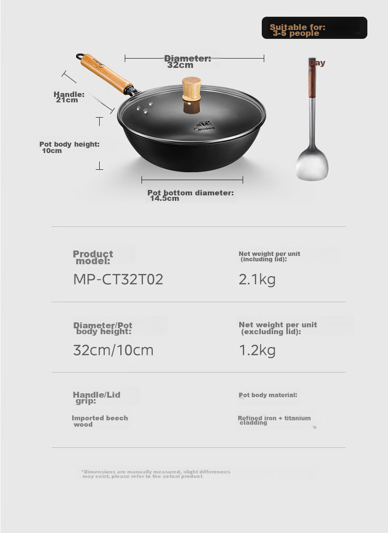Midea Titanium Flame Non-Stick Iron Wok Stir-Fry Pan No-Coating Household Gas and Induction Cooker Compatible Pan 17