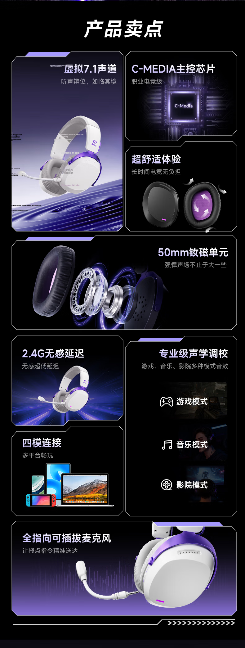 AKKO GH300 Over-Ear Gaming Headset 2.4G Wireless Bluetooth Wired Type-C Quad-Mode Delta Sound Positioning PC Headphones with Microphone 2-in-1 2