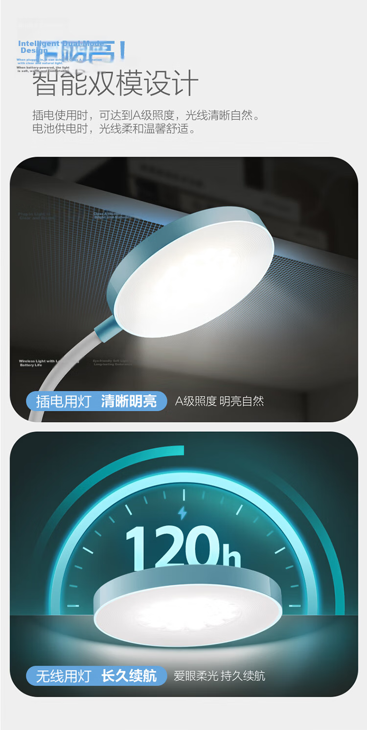 BULL Dual-Purpose Rechargeable and Plug-in Home ML-D405C-DS Stepless Dimming Blue National Standard A Clip Desk Lamp 4000K 4000mAh 2