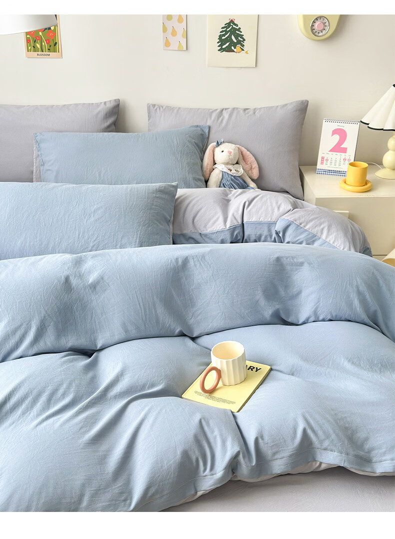 Aiwei 110g Washed Cotton 4-Piece Bedding Set Double Bed Sheet Pillowcases Duvet Cover 200x230cm Misty Blue Gray 11