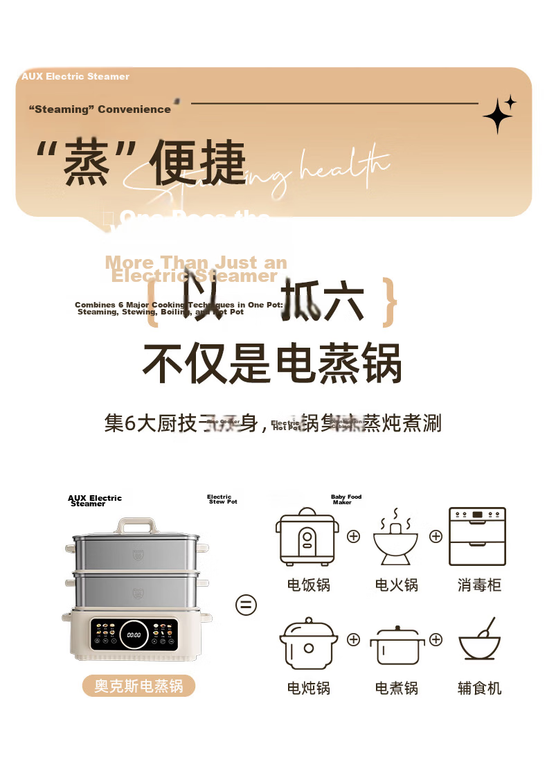 AUX Electric Steamer and Cooker 12L Multi-Functional Electric Hot Pot with 304 Stainless Steel Steamer Basket Model 30AZX-451 9