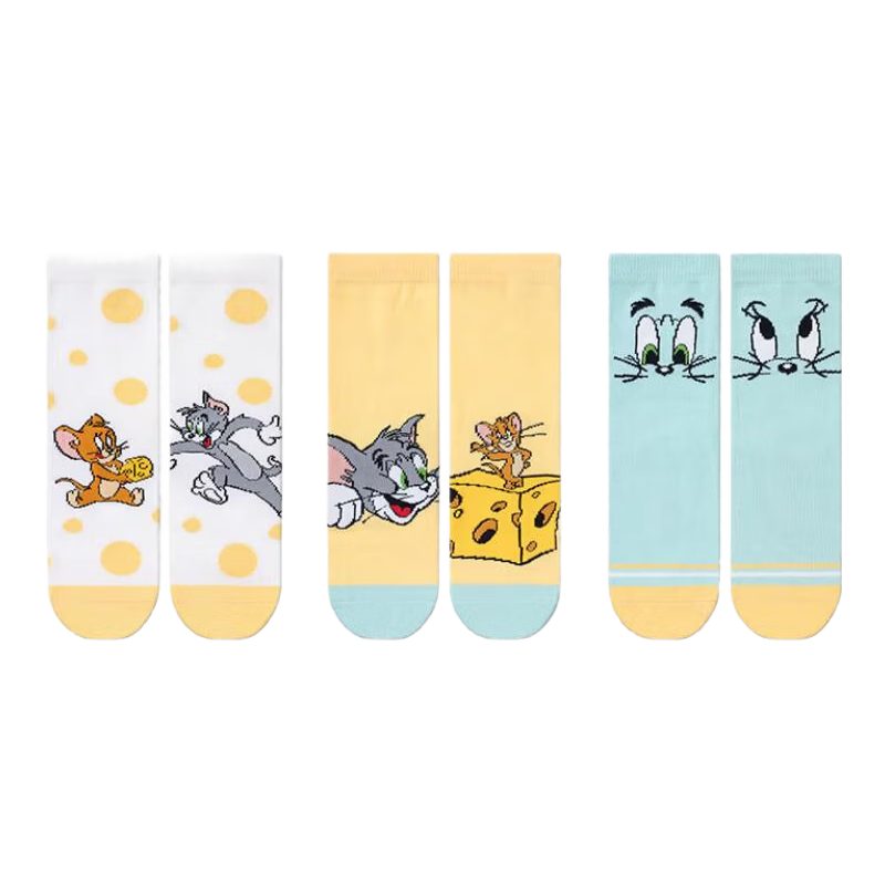 JD Original Tom And Jerry Girls' Socks, Pure Cotton Mid-Calf Socks for All Seasons, 18-20cm, 3 Pairs Per Pack