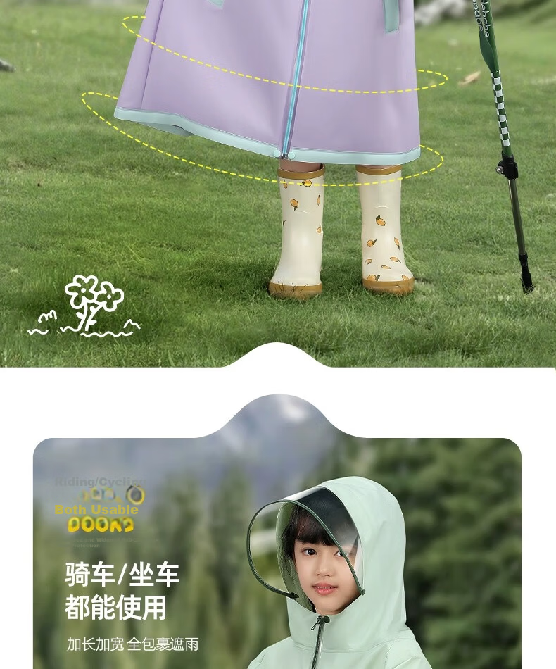 Beimei Children's Raincoat Long Full-Body Waterproof School Rain Poncho with Backpack Cover for Boys and Girls 9