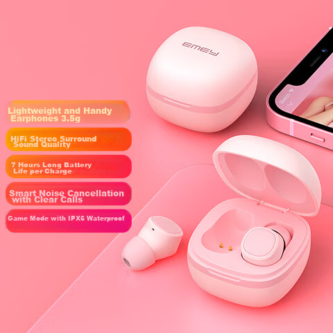 EMEY [Fully Upgraded] T1X True Wireless Bluetooth Earbuds In-Ear Music Calling Low Latency Bluetooth 6.0 Noise Cancellation Compatible with Apple Huawei Xiaomi Honor Pink