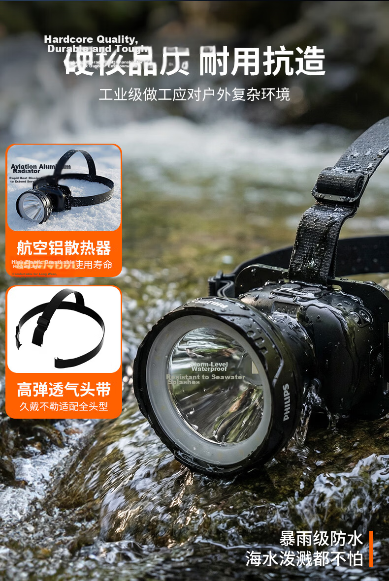 PHILIPS Three-Light Headlamp High Brightness Long Battery Life 72 Hours Head-Worn 5000 Lumens Night Fishing Outdoor Mountaineering Waterproof 9
