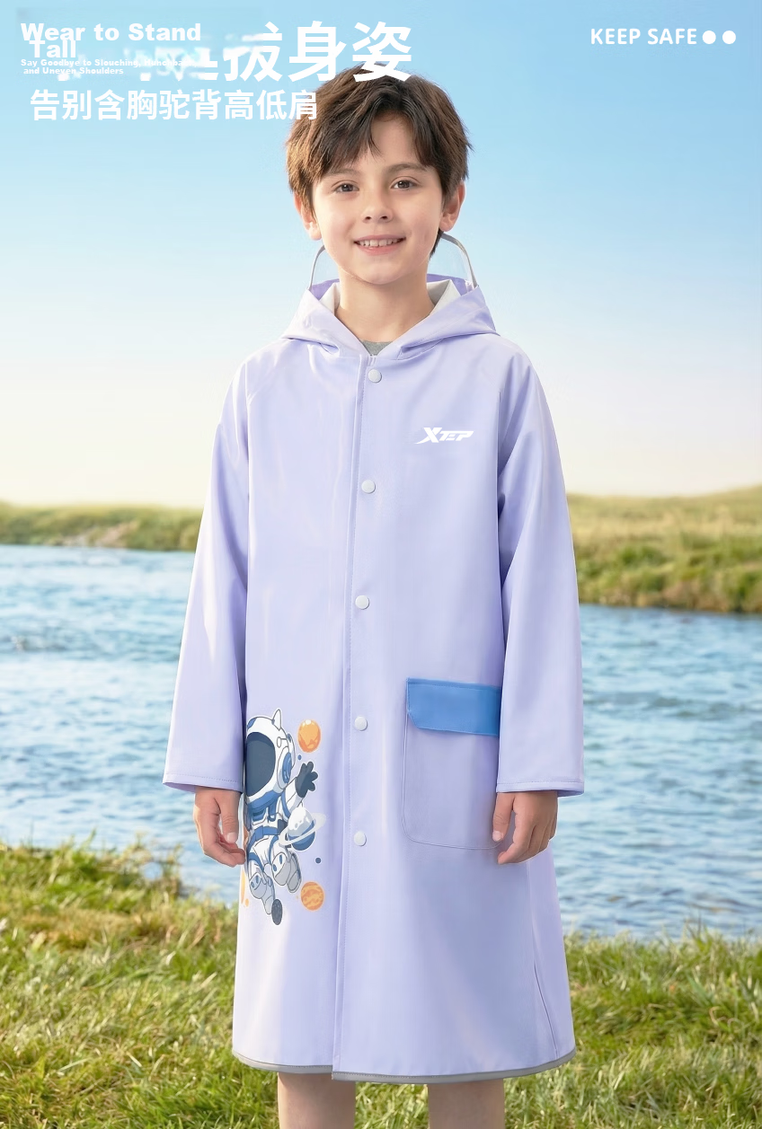 Xtep Kids Raincoat for 6-12 Years Old School Use Full Body Heavy Rain Protection with Backpack Cover 3XL Space Exploration Design 6