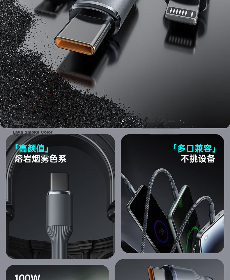 Omak 3-in-1 100W Super Fast Charging USB Car Charger Cable Compatible with Apple iPhone Xiaomi OPPO Samsung Huawei Vivo Android Type-C 2