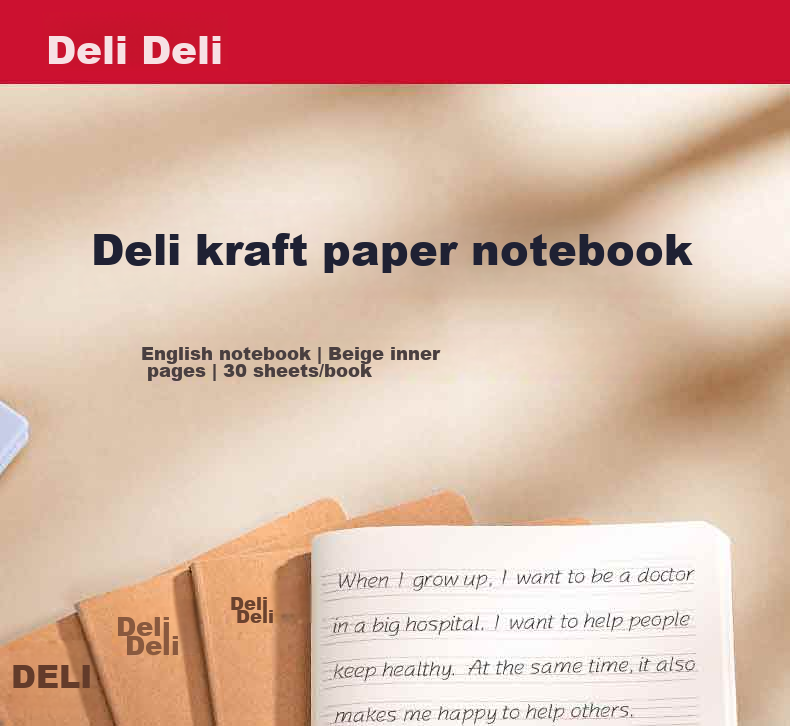 Deli English Notebook A5/30 Sheets Sewn Exercise Book Kraft Paper Student Practice Book 5-Pack FA530-5 1