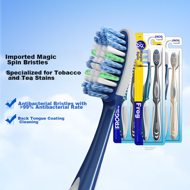 Frog Imported Magic Twist Medium Hard Bristle Toothbrush 3-Pack Anti-Smoke Tea Stain Gum Care for Adults Unisex