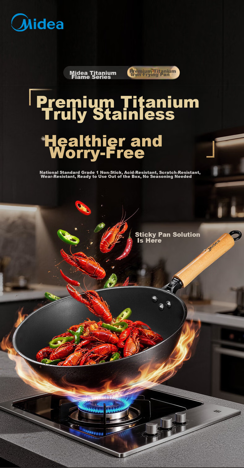 Midea Titanium Flame Non-Stick Iron Wok Stir-Fry Pan No-Coating Household Gas and Induction Cooker Compatible Pan 4