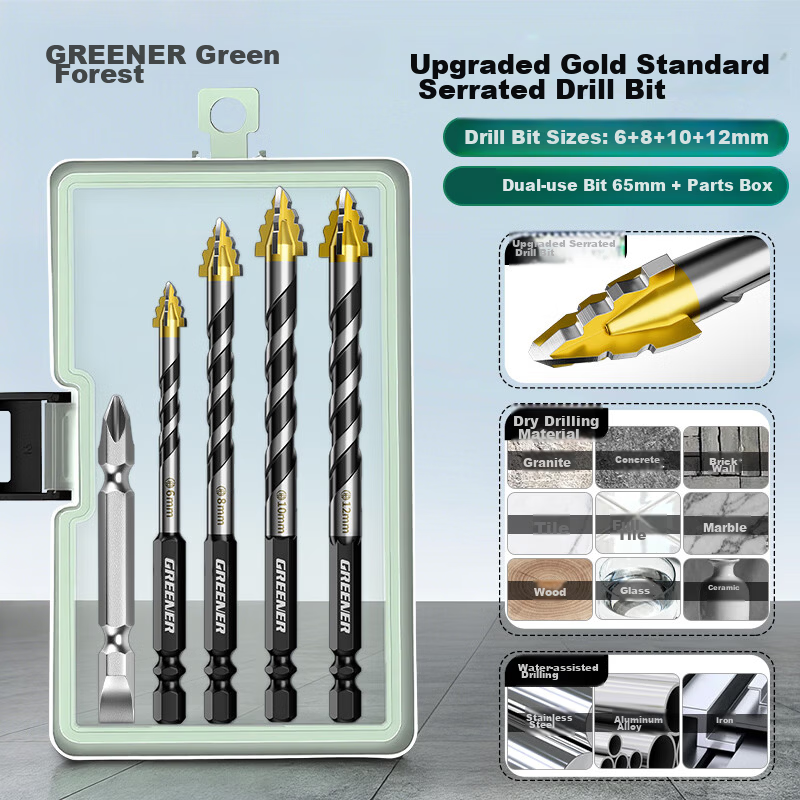 GREENER Gold Standard Serrated Core Drill Bit Set for Tile and Concrete, Ultra-Hard Electric Drill Bits, High Hardness, Sizes 6/8/10/12mm