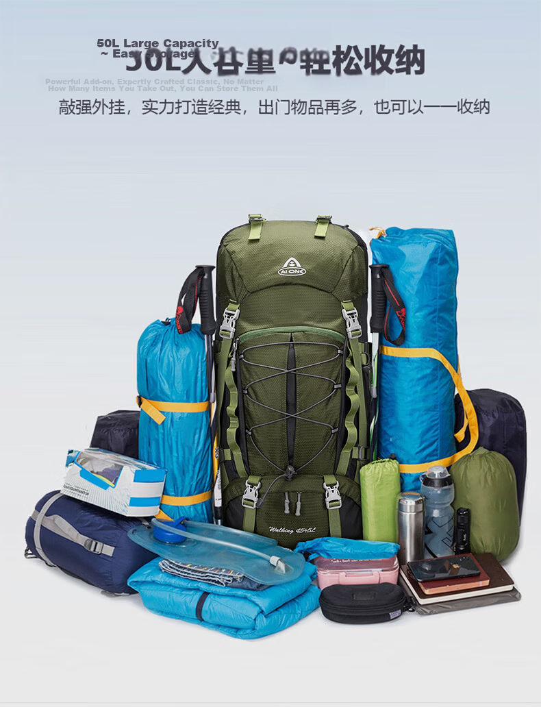AiWang Women's Oxford Cloth Hiking Backpack Men's Outdoor Suspension Load Heavy Duty Large Capacity Travel 45+5L Gray 13