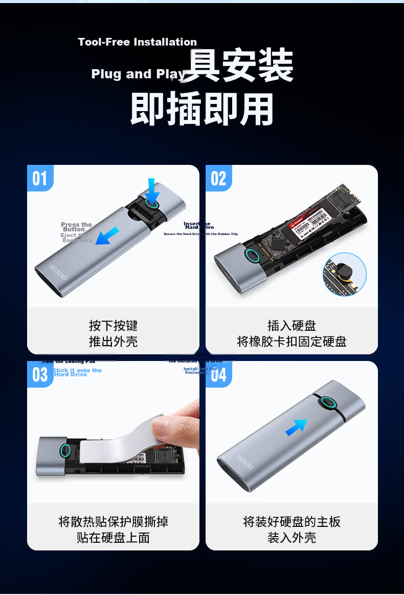 GODO NVMe SSD Enclosure Dock M.2 Solid State Drive Expander USB 3.2 4-in-1 Type-C Hub for Laptop Apple 17 External MAC Mini Expansion 14