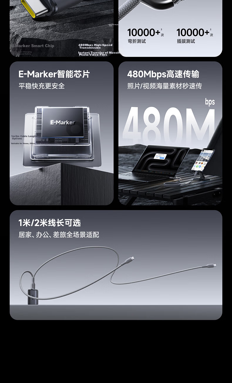 Baseus Dual-Head Type-C Charging Cable PD 100W/88W Super Fast Charge Data Cable for Huawei Honor Xiaomi Apple iPad Laptop Car Use Black 3