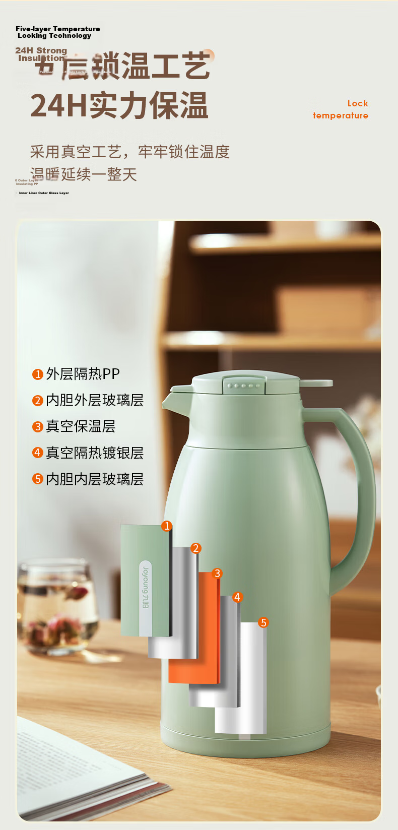 Joyoung Large Capacity Insulated Thermos Flask with Glass Liner, 1.6L Household Hot Water Bottle for Students and Outdoor Use 7