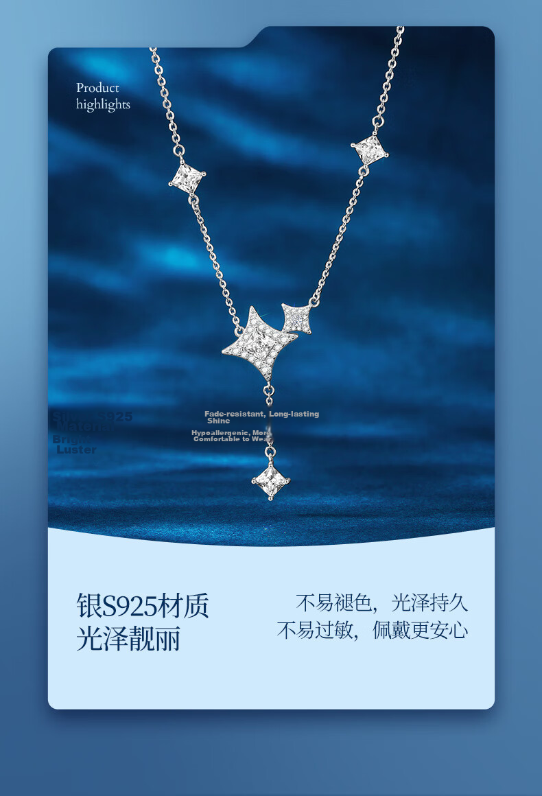 CHOW TAI SENG DC Radiant Star Series Starburst Necklace S925 Silver Clavicle Chain Gift for Girlfriend Wife Birthday 9