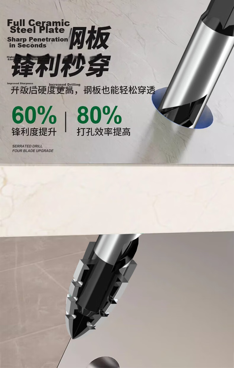 Yanran Four-Blade Serrated Eccentric Drill Bit for Tile and Concrete, Sharp and Impact-Resistant, Sizes 6+8+10+12mm 2