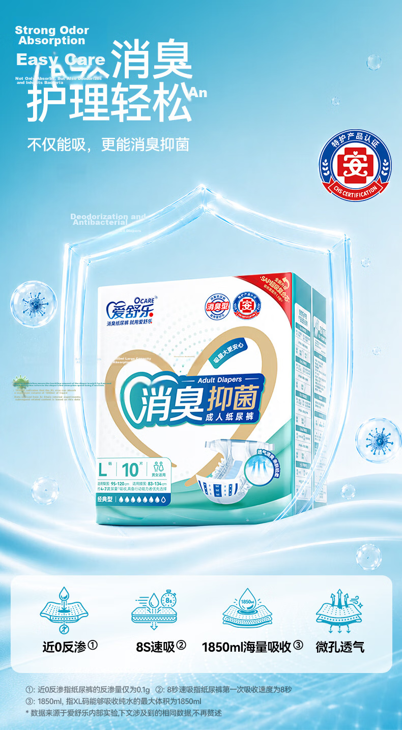 Aishule Adult Diapers, Size L, 30 Pieces, Odor-Eliminating, Antibacterial, Adhesive, for Bedridden Elderly, Postpartum Women, Strong Absorption, Leak-Proof 1